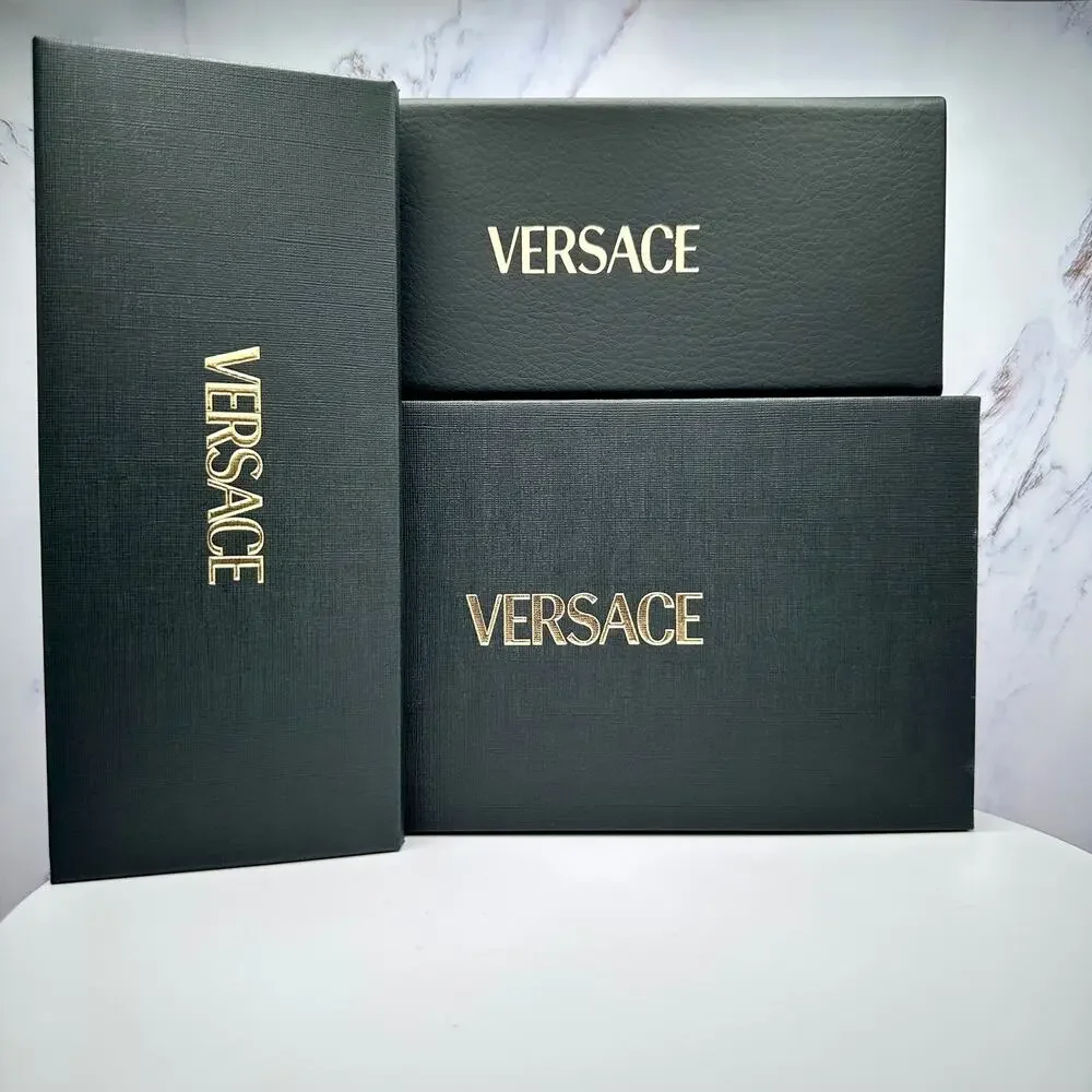 New VERSACE Sunglasses Gold Metal Rectangle Greca Logo Grey Lens Retro Authentic